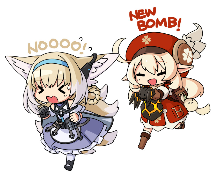 &gt;_&lt; 1other 2girls :d ^_^ ^o^ ahoge animal_ears arknights backpack bag bag_charm bangs blonde_hair bloomers boots braid brown_footwear brown_gloves brown_scarf bug cabbie_hat carrying charm_(object) chasing chibi clenched_hands closed_eyes clover_print coat commentary_request crossover detached_sleeves dodoco_(genshin_impact) english_text eyebrows_visible_through_hair fleeing fox_ears fox_girl fox_tail frilled_skirt frills full_body genshin_impact gloves hair_between_eyes hairband hat hat_feather hat_ornament headphones highres klee_(genshin_impact) knee_boots kneehighs kyuubi light_brown_hair long_hair long_sleeves low_twintails multiple_girls multiple_tails open_mouth originium_slug_(arknights) pocket pointy_ears ran_system randoseru red_coat red_headwear revision running scared scarf short_hair sidelocks simple_background single_glove skirt smile spider suzuran_(arknights) sweat tail twin_braids twintails underwear white_background xo