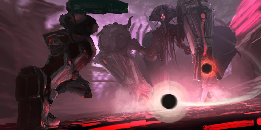 action arm_cannon battle cable dark_suit dennou_manjuu energy_ball fighting glowing glowing_eyes highres looking_at_another looking_down metroid metroid_prime_2:_echoes power_armor quadraxis reflection robot running samus_aran science_fiction weapon wire