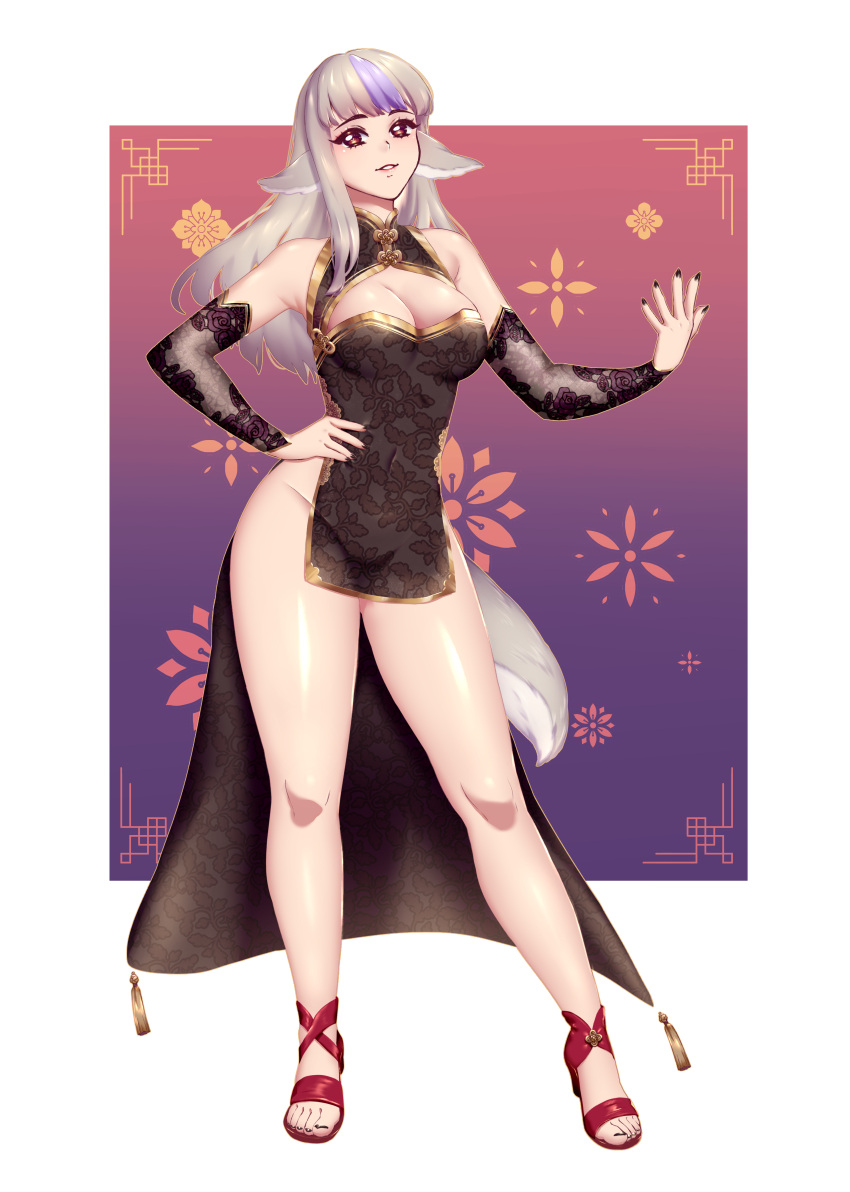 absurdres animal_ears black_nails breasts china_dress chinese_clothes commission commissioner_upload covered_navel dress fire_emblem fire_emblem_fates fire_emblem_heroes high_heels highres large_breasts lialiar1 multicolored_hair nail_polish no_panties smug streaked_hair tail thick_thighs thighs velouria_(fire_emblem) wolf_ears wolf_tail