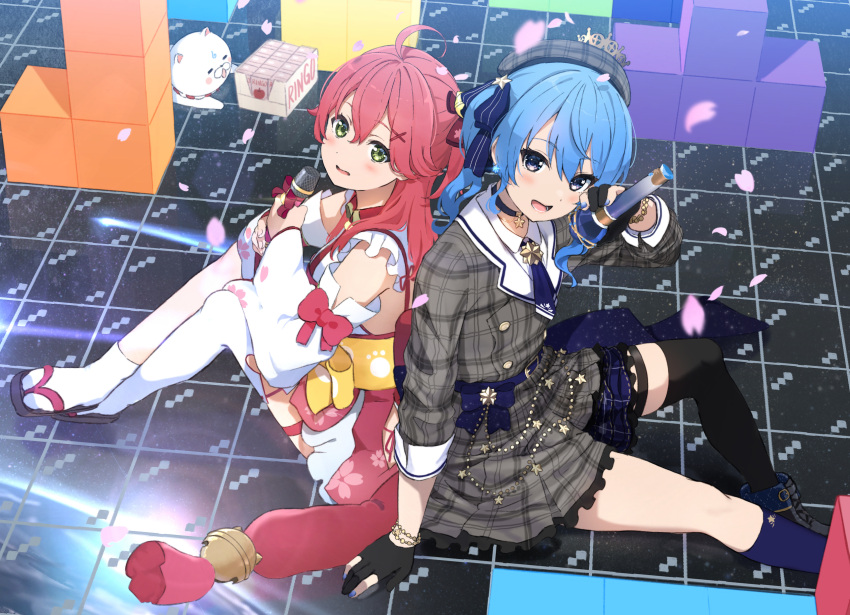 2girls :d ahoge back-to-back bell beret black_footwear black_gloves black_legwear blue_bow blue_eyes blue_hair blue_legwear blue_nails bow detached_sleeves frilled_skirt frills gloves green_eyes grey_headwear grey_jacket grey_skirt hair_bell hair_bow hair_ornament hat highres holding holding_microphone hololive hoshimachi_suisei icehotmilktea jacket japanese_clothes jingle_bell kimono long_hair long_sleeves looking_at_viewer microphone mismatched_legwear multiple_girls nail_polish obi open_mouth partially_fingerless_gloves plaid plaid_headwear plaid_jacket plaid_skirt red_bow redhead sakura_miko sash side_ponytail single_sock single_thighhigh sitting skirt sleeveless sleeveless_kimono smile socks striped striped_bow tetris thigh-highs virtual_youtuber white_kimono white_legwear white_sleeves wide_sleeves x_hair_ornament zouri