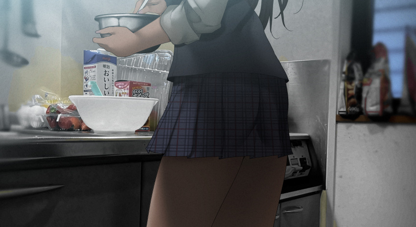 1girl absurdres black_hair bowl cardigan food fruit head_out_of_frame highres long_hair long_sleeves milk_carton original out_of_frame photo_background plaid plaid_skirt pleated_skirt ryouma_(galley) school_uniform shirt skirt sleeves_rolled_up solo strawberry white_shirt