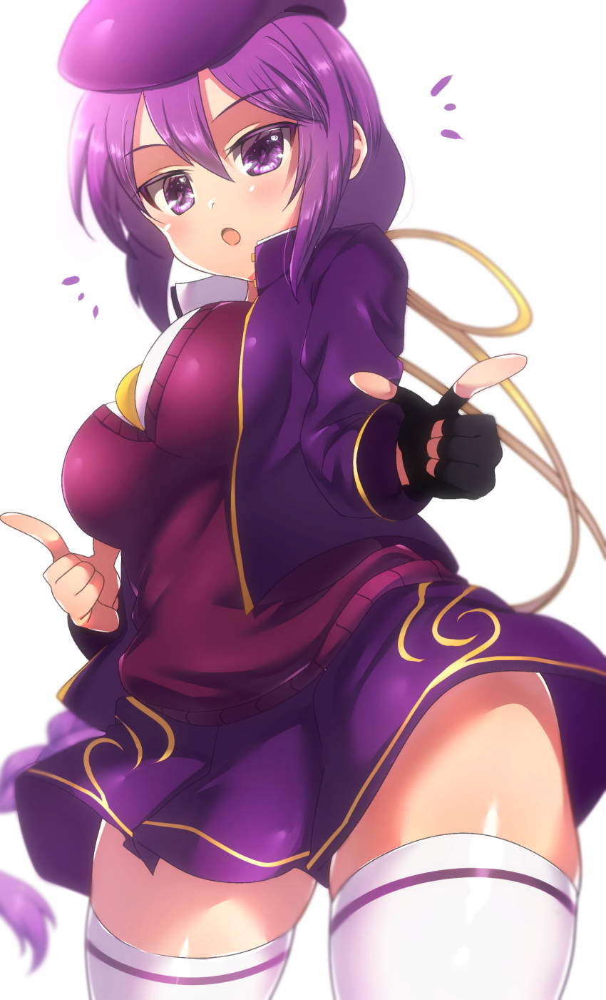 1girl absurdres bangs beret black_gloves blurry blurry_background braid breasts cowboy_shot eyebrows_visible_through_hair fingerless_gloves gloves hat highres itsuka_neru long_hair long_sleeves looking_at_viewer melty_blood open_mouth pointing pointing_at_viewer purple_hair purple_headwear purple_sweater purple_vest simple_background single_braid sion_eltnam_atlasia solo standing sweater tsukihime very_long_hair vest violet_eyes white_background