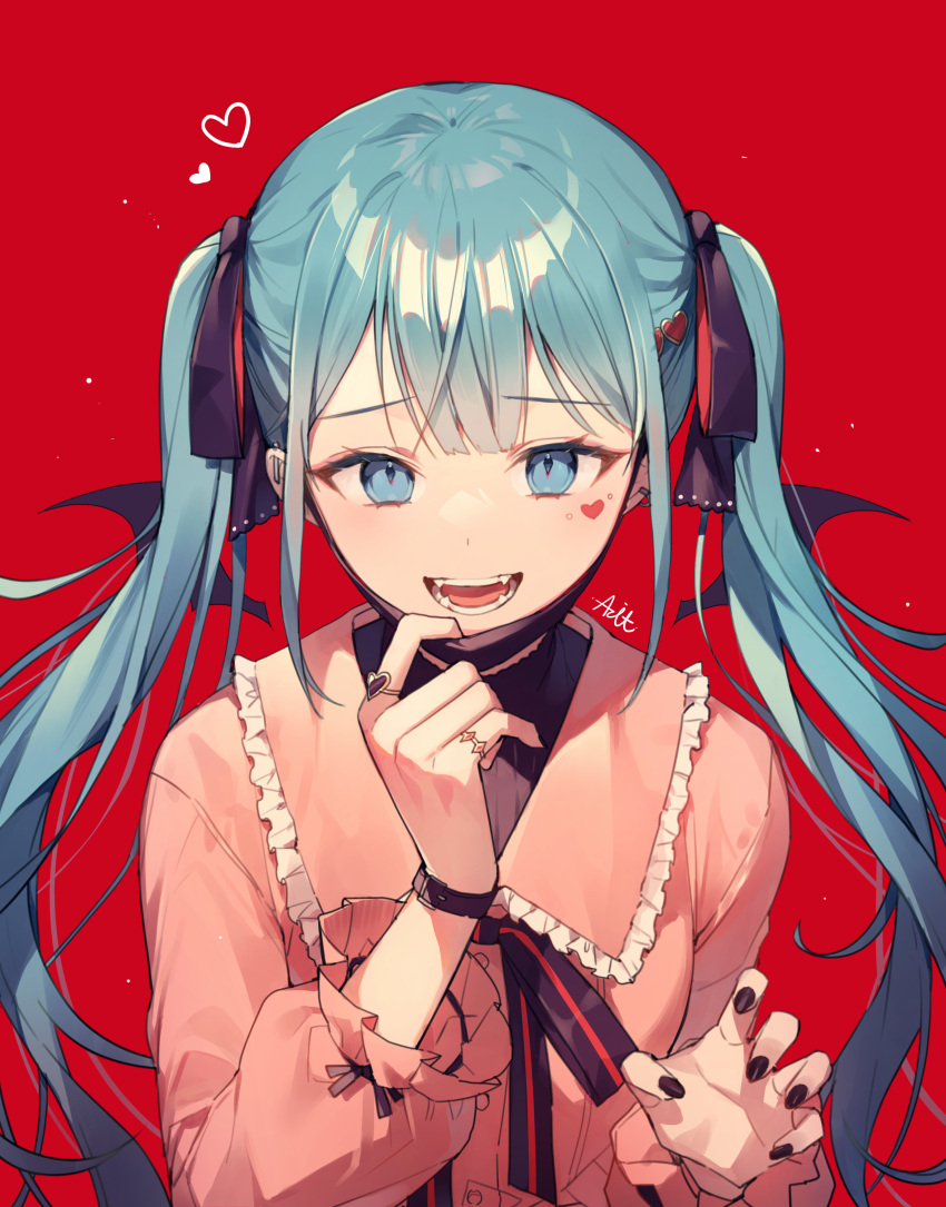 1girl absurdres aqua_eyes aqua_hair azit_(down) bangs black_nails black_ribbon blunt_bangs commentary_request ear_piercing earrings eyebrows_visible_through_hair fangs finger_to_own_chin frills hair_ornament hair_ribbon hands_up hatsune_miku heart heart_hair_ornament heart_tattoo highres jewelry long_hair long_sleeves looking_at_viewer mask mask_pull mini_wings mouth_mask neck_ribbon open_mouth piercing pink_shirt puffy_long_sleeves puffy_sleeves red_background ribbon ring shirt signature simple_background smile solo tattoo teeth twintails upper_body vampire_(vocaloid) vocaloid watch watch