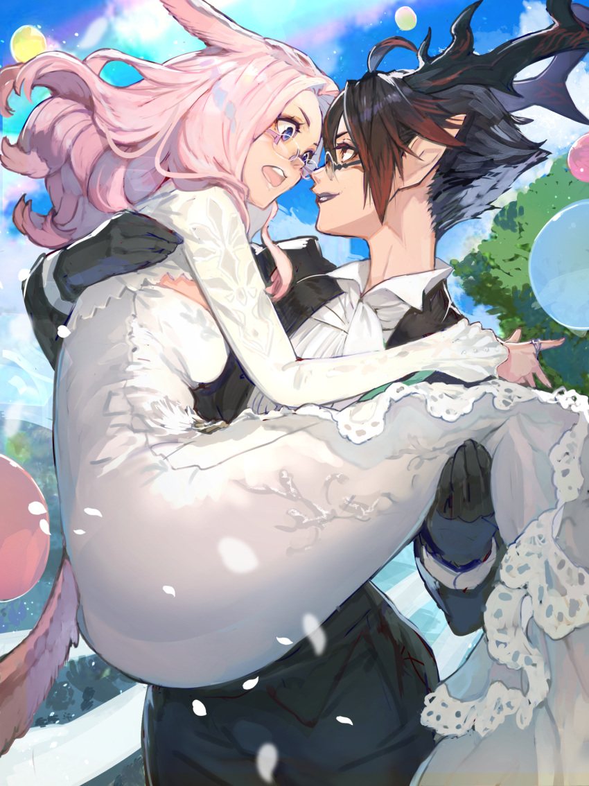 2girls ahoge animal_ears antlers black_gloves black_hair blue_eyes breasts brown_eyes carrying cat_ears cat_tail day dress elezen elf final_fantasy final_fantasy_xiv glasses gloves hide_(hideout) highres long_hair looking_at_another medium_breasts miqo'te multiple_girls open_mouth outdoors pink_hair pointy_ears princess_carry rimless_eyewear shirt short_hair suit_jacket tail wedding wedding_dress white_dress white_shirt yuri