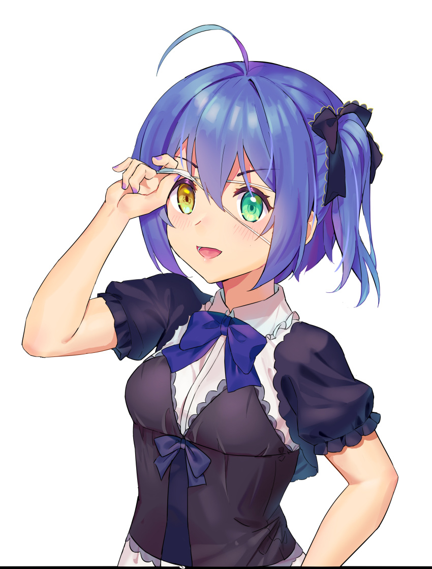 1girl :d absurdres ahoge alternate_costume bangs bh_zhu_baihe_hua black_bow black_shirt blue_bow blue_hair blue_nails blue_neckwear blush bow chuunibyou_demo_koi_ga_shitai! collared_shirt contact_lens dress eyebrows_visible_through_hair eyepatch eyepatch_lift frills green_eyes grey_background hair_bow hand_up heterochromia highres medical_eyepatch nail_polish one_side_up open_mouth puffy_short_sleeves puffy_sleeves shiny shiny_hair shirt short_hair short_sleeves smile solo takanashi_rikka upper_body white_background yellow_eyes