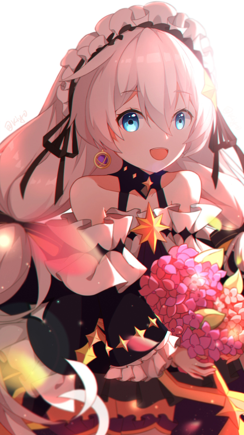 1girl absurdres bangs bare_shoulders black_dress blue_eyes bouquet dress earrings flower hair_between_eyes hair_ornament highres holding honkai_(series) honkai_impact_3rd jewelry long_hair looking_at_viewer open_mouth pink_flower qingxiao_kiyokiyo simple_background smile solo theresa_apocalypse theresa_apocalypse_(celestial_hymn) white_background white_hair