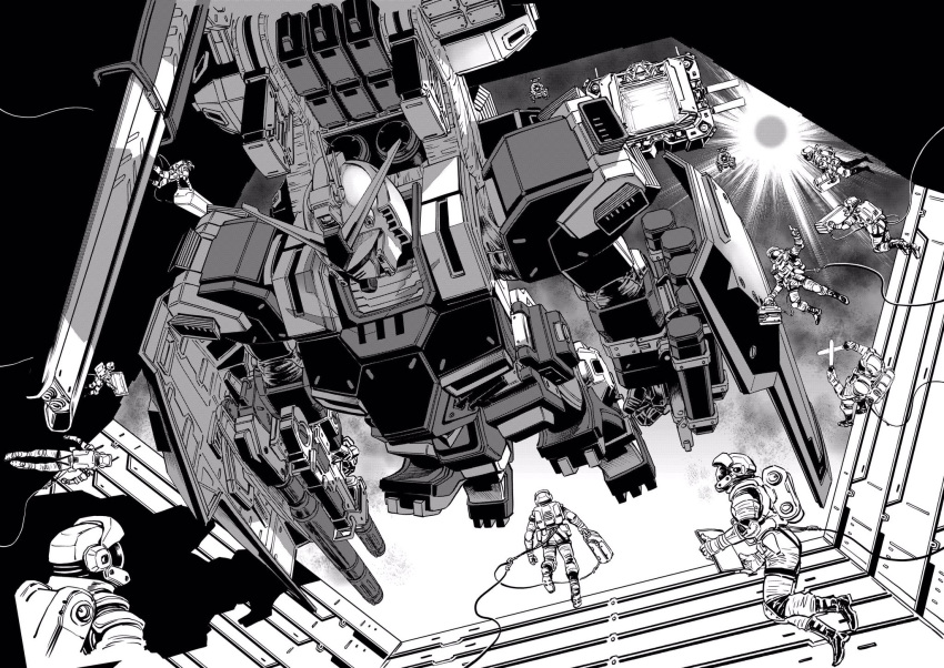 6+others chain_gun floating full_armor_gundam greyscale gundam gundam_thunderbolt highres mecha missile_pod mobile_suit monochrome multiple_others official_art ohtagaki_yasuo science_fiction shoulder_cannon solo_focus spacesuit v-fin zero_gravity