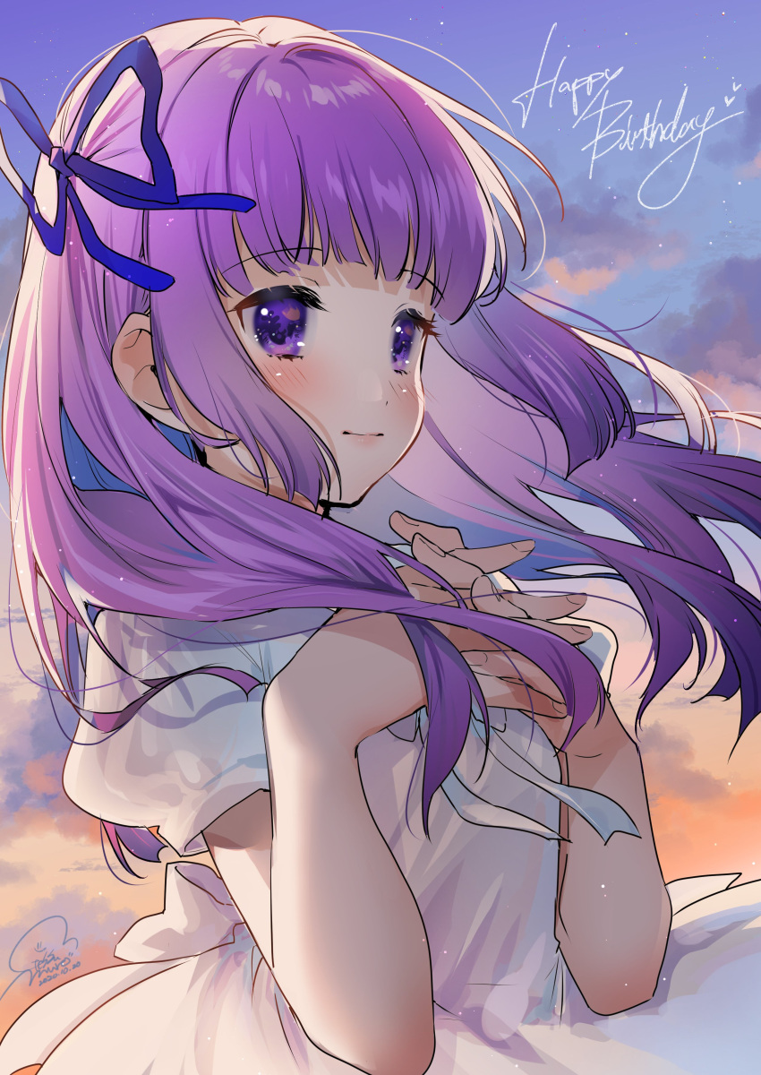 1girl absurdres aikatsu! aikatsu!_(series) bad_id bad_twitter_id bangs blue_ribbon blunt_bangs blush bow clouds cloudy_sky dress evening eyebrows_visible_through_hair floating_hair from_side geshumaro gradient_sky hair_ribbon happy_birthday highres hikami_sumire interlocked_fingers long_hair looking_to_the_side neck_ribbon orange_sky outdoors own_hands_together pink_lips puffy_short_sleeves puffy_sleeves purple_hair ribbon short_sleeves signature sky smile solo star_(sky) starry_sky twilight upper_body violet_eyes waist_bow white_bow white_dress white_ribbon wind