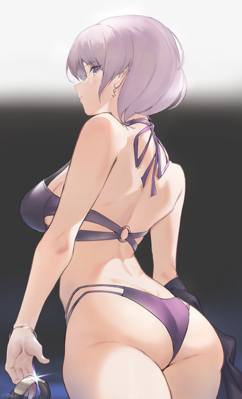 1girl ass bracelet from_behind from_below gridman_universe halterneck highres jewelry looking_back mujina o-ring o-ring_bikini parfaitlate purple_hair short_hair shoulder_blades solo ssss.dynazenon swimsuit violet_eyes