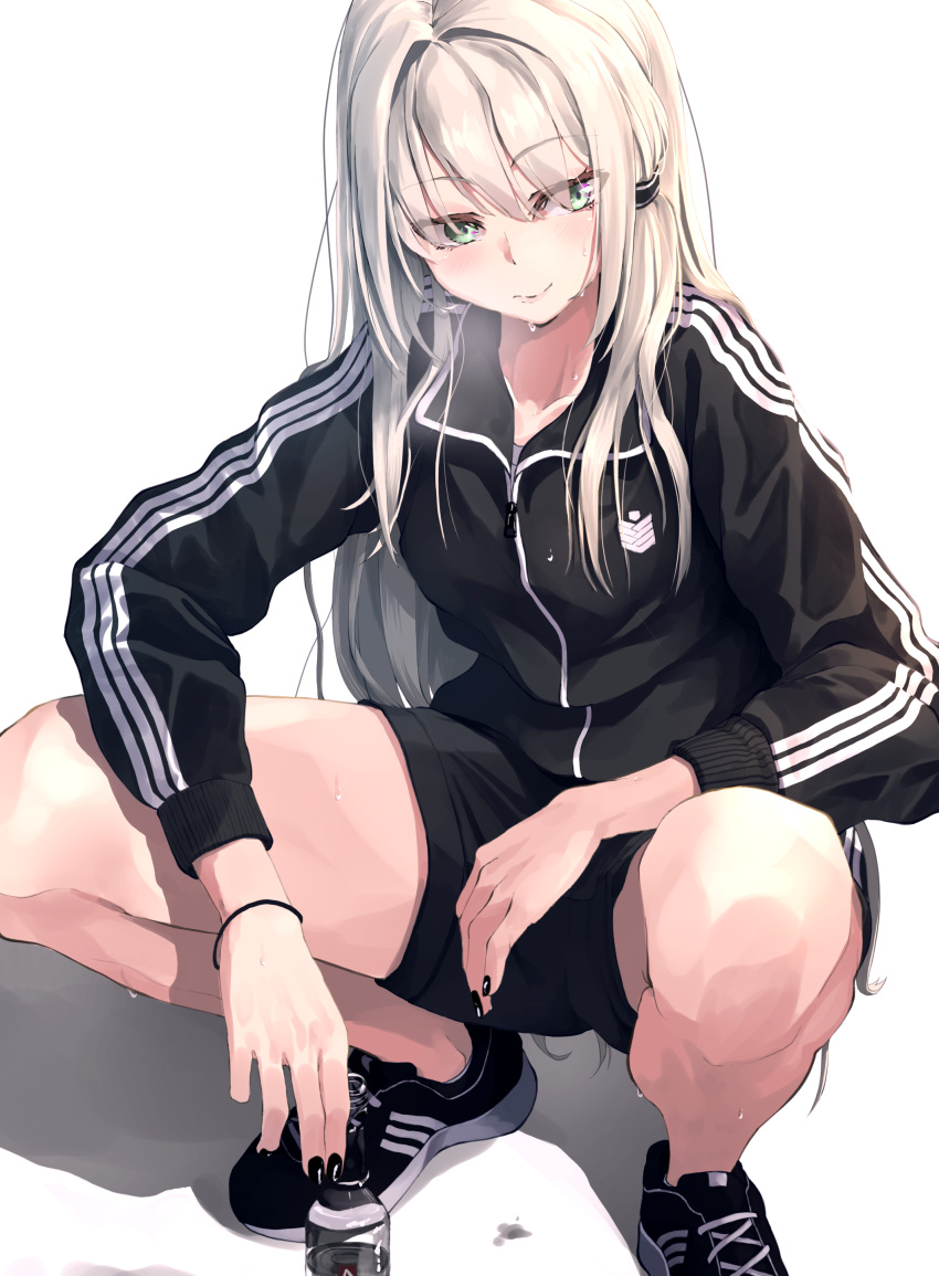 1girl absurdres an-94_(girls_frontline) bangs black_jacket black_nails black_shorts blush bottle closed_mouth eyebrows_visible_through_hair girls_frontline gopnik green_eyes hair_between_eyes hakkyou_ebi highres jacket long_hair long_sleeves shoes shorts simple_background slav_squatting smile sneakers solo squatting track_jacket white_background zipper_pull_tab