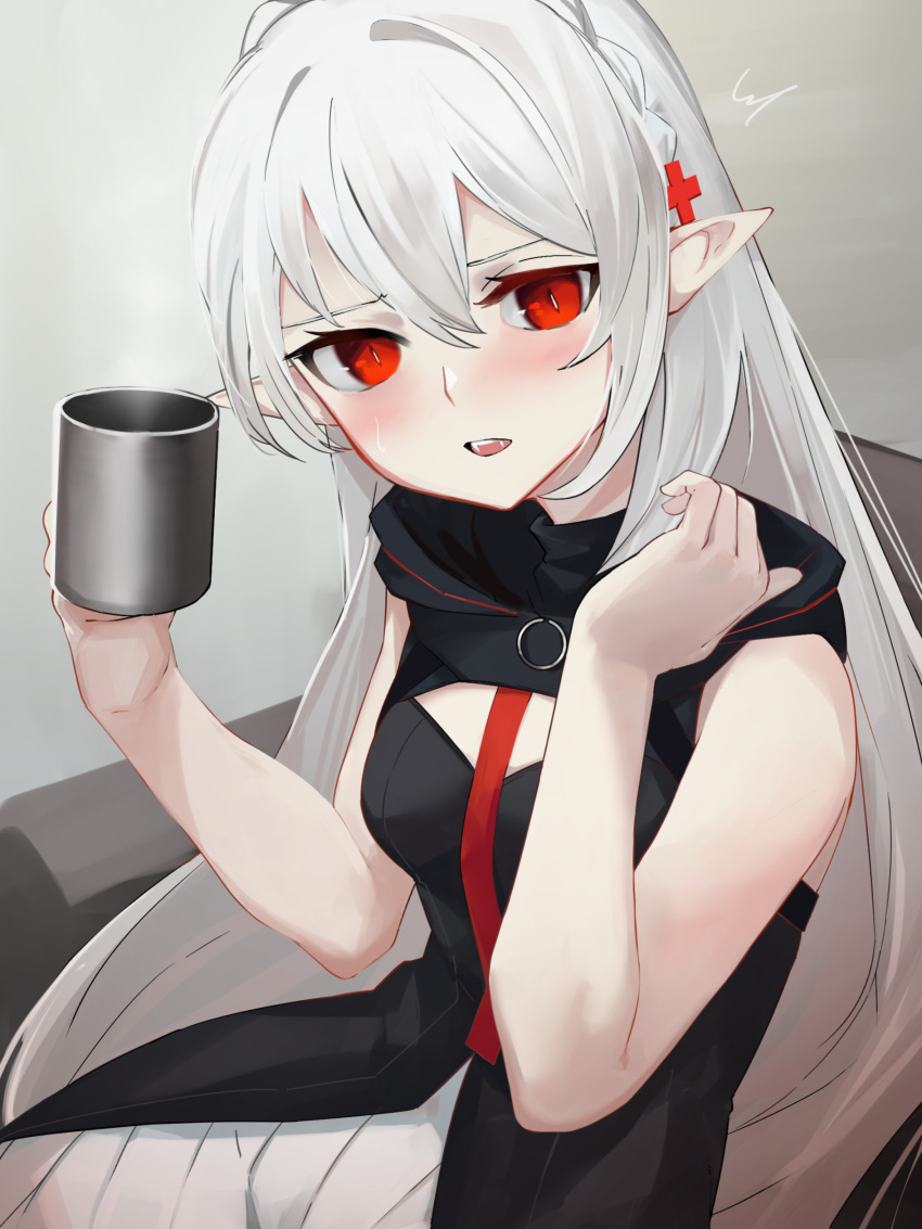 1girl ao_oni_(onioni-aoi) arknights bangs bare_arms bare_shoulders black_dress blush commentary_request cross_hair_ornament cup dress fangs grey_background hair_between_eyes hair_ornament highres holding holding_cup long_hair looking_at_viewer parted_lips pointy_ears red_eyes silver_hair sleeveless sleeveless_dress solo warfarin_(arknights)