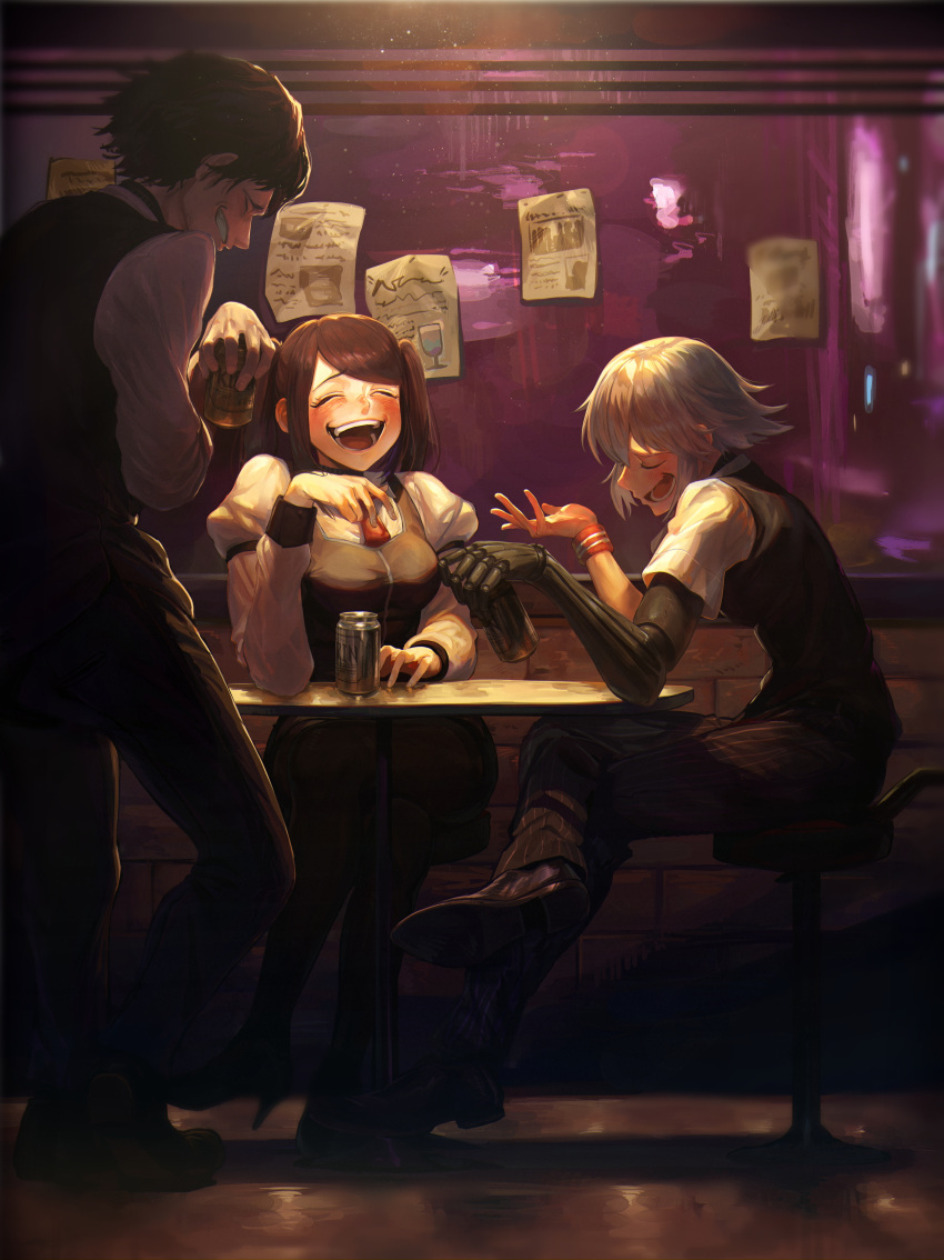 1boy 2girls absurdres bar bartender beer_can black_hair can cyberpunk dana_zane drinking drunk gillian_(va-11_hall-a) highres jill_stingray laughing mechanical_arms milmir multiple_girls poster_(object) prosthesis prosthetic_arm purple_hair silver_hair single_mechanical_arm va-11_hall-a