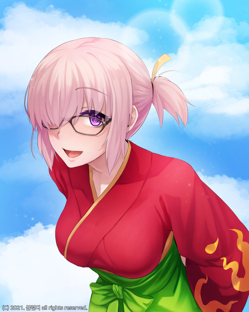 1girl absurdres alternate_costume fate/grand_order fate_(series) glasses highres japanese_clothes kimono ldl_(bcw1025) mash_kyrielight one_eye_covered pink_hair ponytail violet_eyes