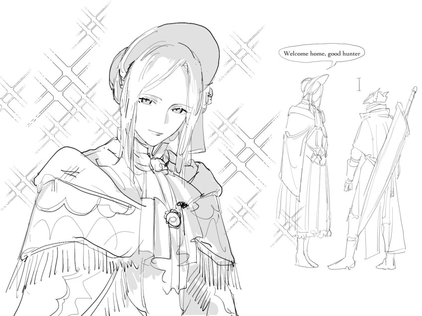 1girl 1other bangs bloodborne bonnet boots brooch cloak closed_mouth commentary_request english_text greatsword greyscale hat hunter_(bloodborne) jewelry kikujira looking_at_viewer medium_hair monochrome plain_doll sidelocks simple_background sketch smile sparkle_background speech_bubble swept_bangs sword sword_behind_back tricorne weapon white_background