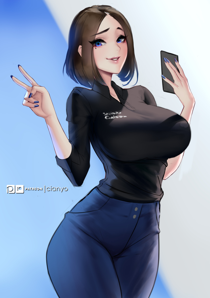 1girl absurdres blue_eyes blue_nails breasts brown_hair cellphone cian_yo collar collared_shirt denim highres large_breasts long_sleeves looking_at_viewer mole mole_under_eye nail_polish pants phone samsung samsung_sam selfie shirt short_hair solo unbuttoned v