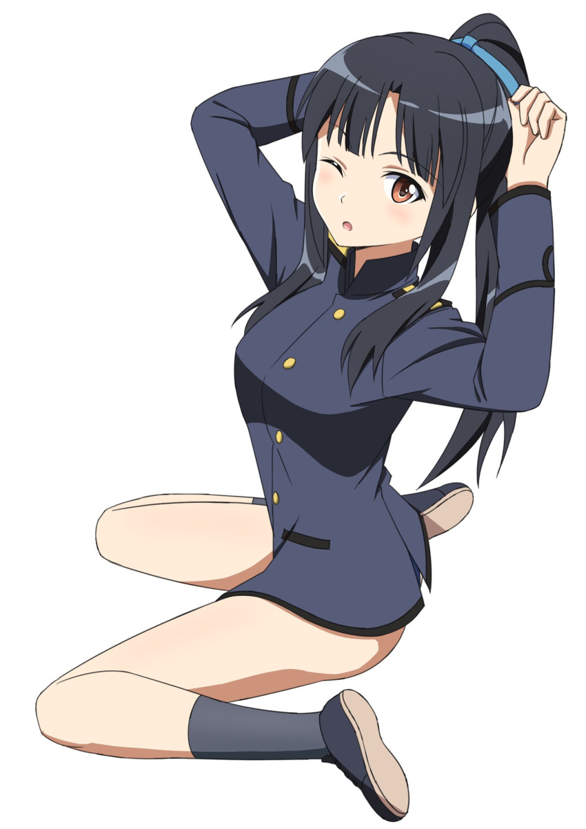 1girl black_hair blush breasts brown_eyes eyebrows_visible_through_hair full_body hattori_shizuka highres kanata_mako large_breasts long_hair looking_at_viewer military military_uniform one_eye_closed open_mouth ponytail shiny shiny_hair simple_background sitting solo strike_witches uniform white_background world_witches_series