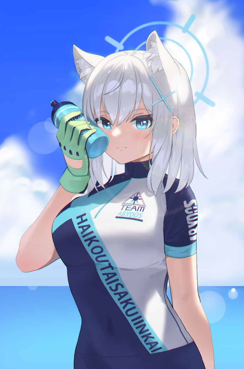 1girl absurdres animal_ear_fluff animal_ears bangs bike_jersey blue_archive blue_eyes blue_sky bottle breasts closed_mouth clouds cloudy_sky covered_navel day eyebrows_visible_through_hair grey_hair hair_between_eyes hair_ornament halo hand_up highres holding holding_bottle horizon light_smile looking_at_viewer medium_breasts ocean outdoors shiroko_(blue_archive) shiroko_(cycling)_(blue_archive) short_sleeves sky solo tomid water water_bottle