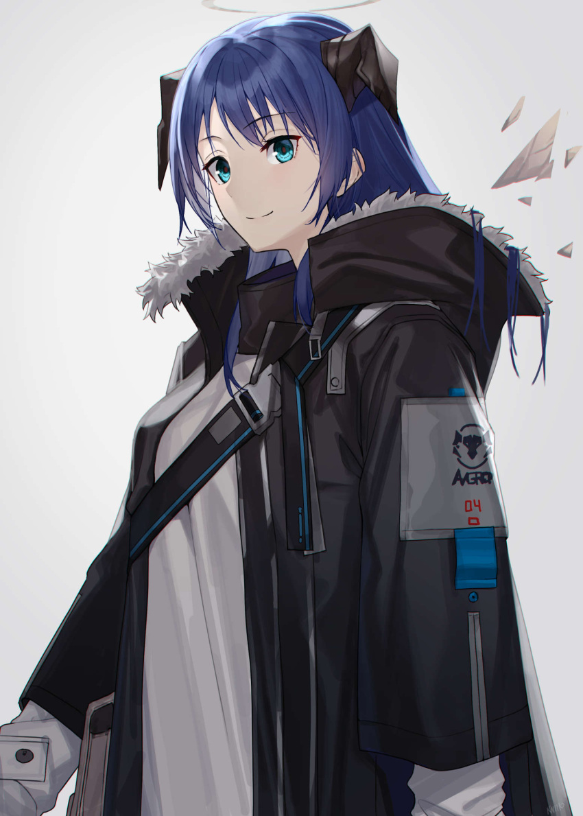1girl arknights bangs black_jacket blue_eyes blue_hair commentary_request demon_horns detached_wings energy_wings eyebrows_visible_through_hair halo highres horns jacket long_hair long_sleeves looking_at_viewer mostima_(arknights) open_mouth raitho104 shirt simple_background smile snap-fit_buckle solo upper_body white_background white_shirt wings