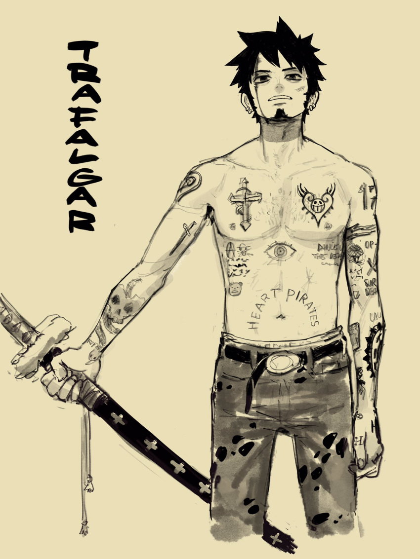 1boy arm_tattoo beard belt blood blood_on_face body_writing chest_tattoo commentary cross_tattoo earrings edpan english_commentary english_text facial_hair heart heart_tattoo highres holding holding_sword holding_weapon jewelry katana latin_cross looking_at_viewer male_focus navel one_piece pants parted_lips scabbard sheath sheathed shirtless short_hair simple_background solo standing sword tattoo trafalgar_law weapon yellow_background yellow_theme