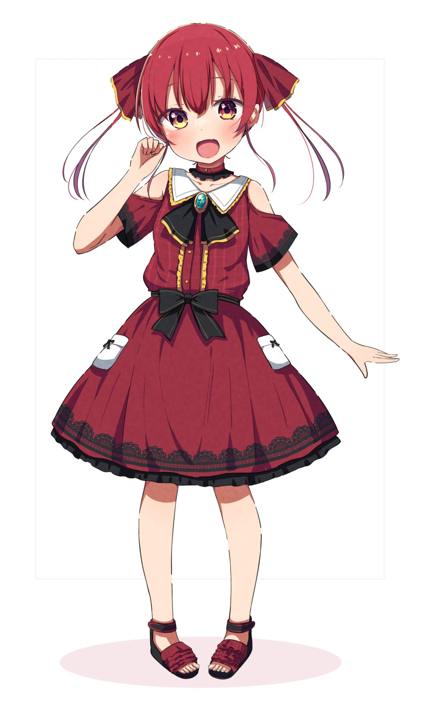 1girl :d absurdres black_bow black_footwear blush bow brooch clothing_cutout collared_dress commentary_request dress full_body hair_ribbon hand_up heterochromia highres hololive houshou_marine jewelry looking_at_viewer okota_mikan open_mouth pigeon-toed red_dress red_eyes red_ribbon redhead ribbon sandals short_sleeves shoulder_cutout smile solo standing twintails virtual_youtuber yellow_eyes younger