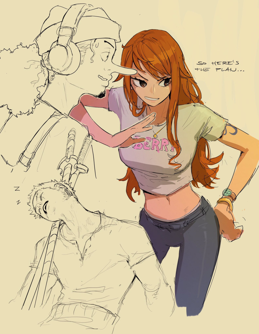 1girl 2boys beard breasts brown_eyes commentary cropped_legs edpan english_commentary english_text facial_hair grey_pants grin hand_on_hip head_tilt highres jewelry katana long_hair long_nose medium_breasts midriff multiple_boys nami_(one_piece) navel necklace one_piece open_mouth orange_hair pants ponytail roronoa_zoro short_hair sleeping smile solo_focus stomach sword usopp very_short_hair watch watch weapon yellow_background zzz