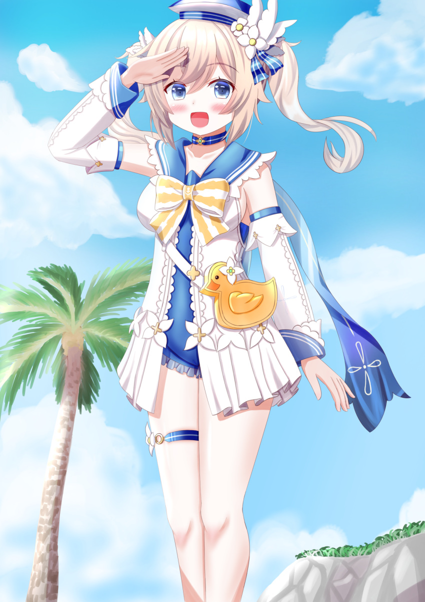 1girl :d arm_up bag bangs barbara_(genshin_impact) barbara_(summertime_sparkle)_(genshin_impact) blonde_hair blue_eyes blue_sky blue_swimsuit blush choker clouds cloudy_sky coconut_tree commentary_request detached_sleeves drill_hair duck_print eyebrows_visible_through_hair eyes_visible_through_hair genshin_impact handbag hat highres long_hair looking_at_viewer natsumi_shiumi open_mouth palm_tree sailor_collar salute sidelocks sky smile solo swimsuit tree twin_drills twintails