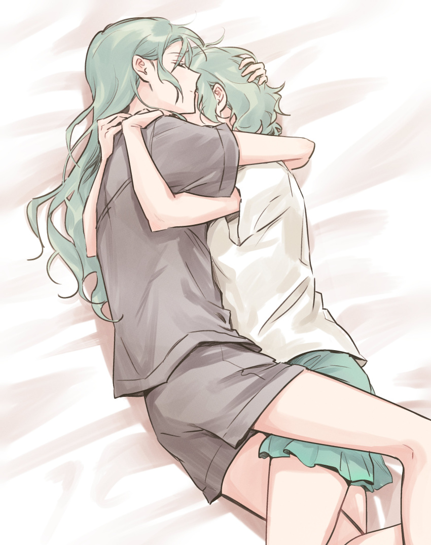 2girls absurdres bang_dream! bare_arms bare_legs bed closed_eyes closed_mouth commentary_request feet green_hair green_skirt grey_shirt grey_shorts hand_on_another's_head highres hikawa_hina hikawa_sayo hug incest indoors korean_commentary leg_between_thighs long_hair lying multiple_girls on_bed on_side shirt short_sleeves shorts siblings sisters skirt sleeping t-shirt twincest twins white_shirt yuri zihacheol