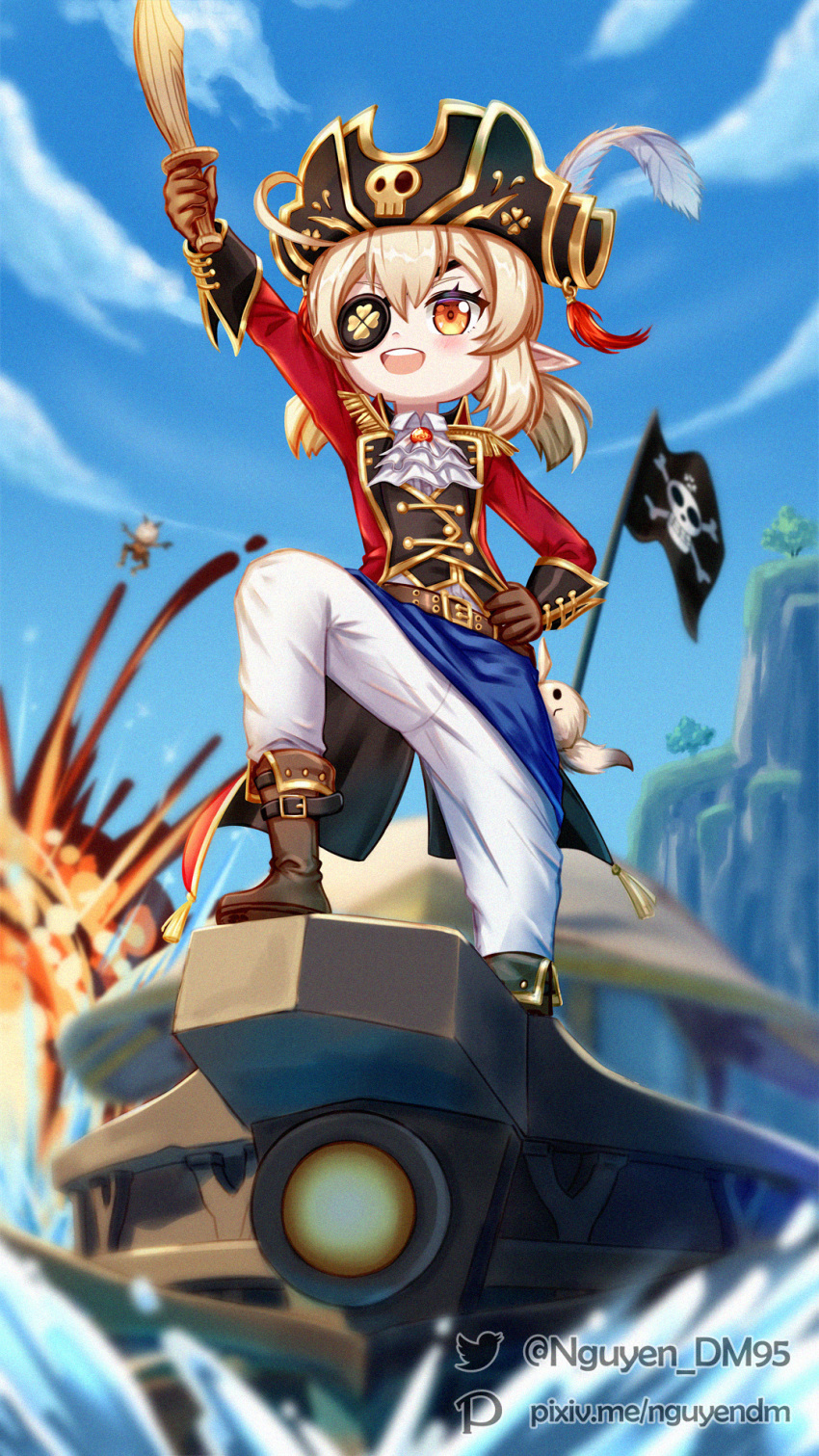 1girl :d ahoge alternate_costume ascot bangs belt blurry boat boots brown_footwear brown_gloves commentary depth_of_field dm_(nguyen_dm95) dodoco_(genshin_impact) epaulettes explosion eyebrows_visible_through_hair eyepatch genshin_impact gloves hair_between_eyes hand_on_hip hat highres hilichurl_(genshin_impact) holding holding_sword holding_weapon klee_(genshin_impact) knee_boots light_brown_hair long_hair looking_afar looking_at_viewer looking_away looking_up open_mouth orange_eyes pirate_costume pirate_hat pointy_ears pose riding sidelocks smile solo sword watercraft waverider_(genshin_impact) weapon wooden_sword
