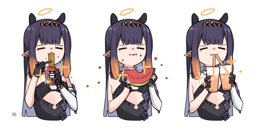 1girl =_= angry_num bangs black_dress black_gloves black_hair bubble_tea closed_eyes cropped_torso cup detached_sleeves dress drinking eating food fruit gloves halo highres holding holding_cup holding_food hololive hololive_english long_hair mole mole_under_eye ninomae_ina'nis pointy_ears ramen single_detached_sleeve sparkle strapless strapless_dress tentacle_hair tube_dress virtual_youtuber watermelon