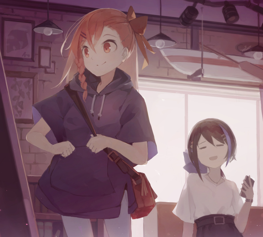 2girls alternate_costume bag black_hair blue_hair cellphone closed_eyes commentary_request girls_frontline hair_ribbon handbag highres hood hoodie jericho_(girls_frontline) multicolored_hair multiple_girls negev_(girls_frontline) orange_hair phone ribbon suginakara_(user_ehfp8355) two-tone_hair watch watch window