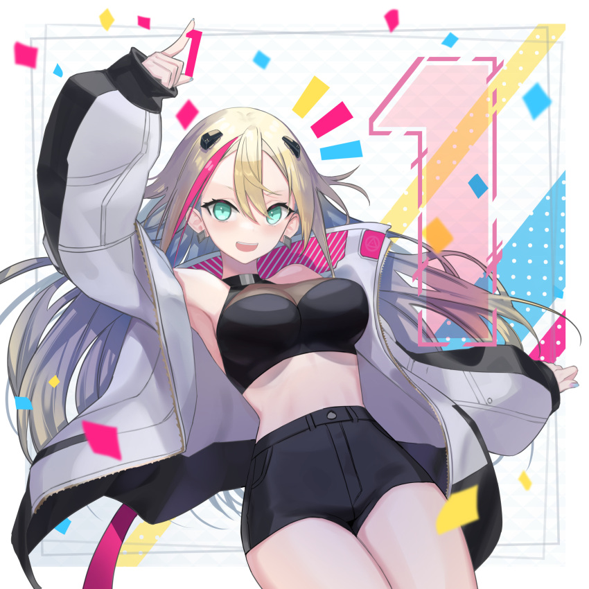 1girl aqua_eyes bangs black_shorts blonde_hair breasts crop_top english_commentary floating_hair grey_jacket halter_top halterneck highres jacket large_breasts long_hair mins_(minevi) multicolored_hair open_mouth phase_connect pointing purple_nails redhead rinkou_ashelia shorts smile solo streaked_hair virtual_youtuber