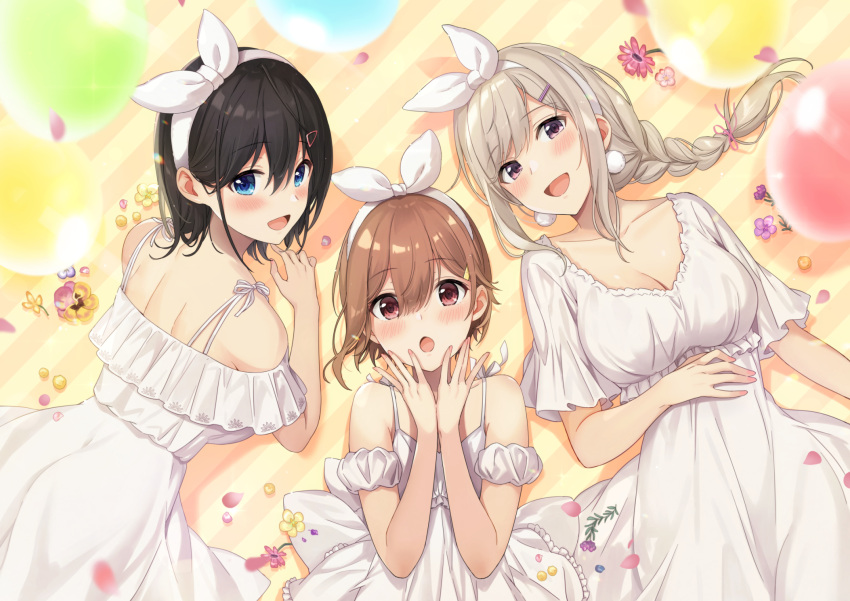 3girls :d :o azuki_yui balloon bangs bare_shoulders black_hair blonde_hair blue_eyes blush bow bow_hairband braid brown_hair collarbone dress earrings eyebrows_visible_through_hair flower frilled_dress frills hair_ornament hairband hairclip hand_on_own_stomach highres jewelry long_hair looking_at_viewer lying multiple_girls on_back on_stomach open_mouth original petals red_eyes short_hair short_sleeves single_braid sleeveless sleeveless_dress smile violet_eyes white_bow white_dress white_hairband