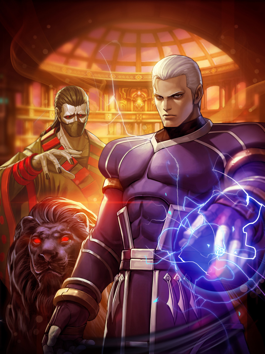 black_fur black_skin colored_skin covered_mouth dark-skinned_male dark_skin fighting_game fur glaugan glowing glowing_eyes highres krizalid lion looking_at_viewer mane official_art original_zero pale_skin pet ron_(kof) snk the_king_of_fighters the_king_of_fighters_2001 the_king_of_fighters_all-stars white_hair