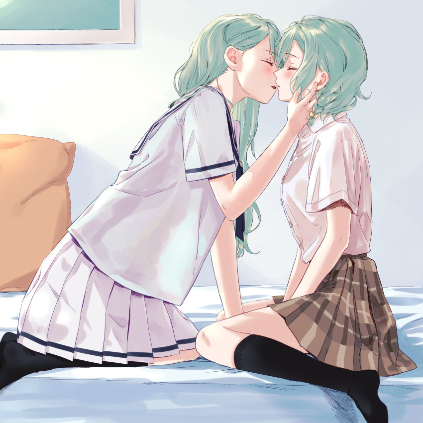 2girls absurdres aqua_hair bang_dream! black_legwear blue_neckwear blush bow brown_skirt closed_eyes commentary_request eyebrows_visible_through_hair hair_bow hand_on_another's_face hands_on_lap highres hikawa_hina hikawa_sayo imminent_kiss incest indoors kneehighs kneeling korean_commentary leaning_forward multiple_girls neckerchief on_bed parted_lips pillow plaid plaid_skirt pleated_skirt purple_shirt purple_skirt school_uniform serafuku shirt shirt_tucked_in short_braid short_hair short_sleeves siblings sisters sitting skirt twincest twins wariza white_shirt yellow_bow yuri zihacheol