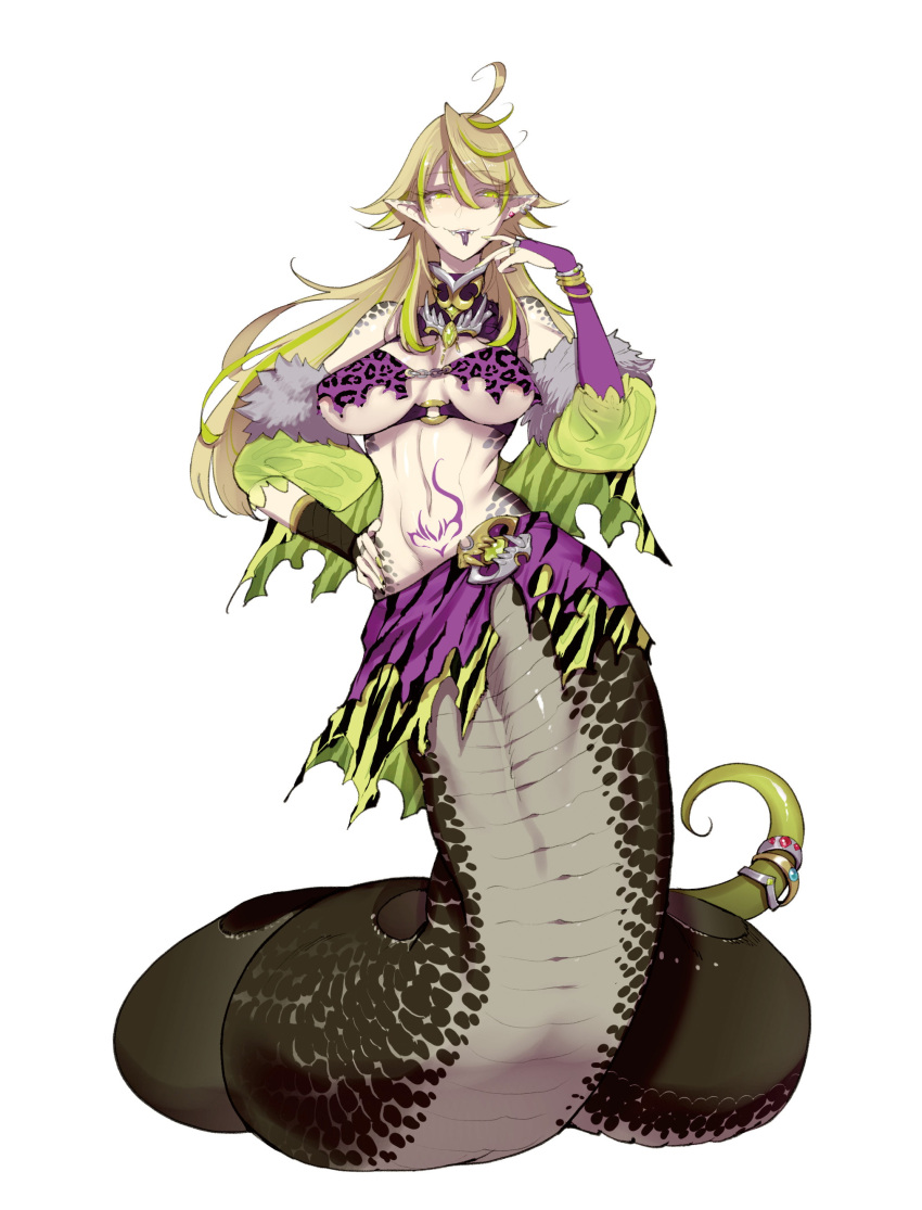 1girl absurdres ahoge blonde_hair blush bracelet breasts breasts_apart bridal_gauntlets ear_piercing fangs femdom forked_tongue full_body green_hair hand_on_hip highres jewelry lamia large_breasts long_hair looking_to_the_side monster_girl multicolored_hair navel o-ring original piercing pointy_ears ring scales simple_background smile solo tail tattoo tongue tongue_out white_background z-ton