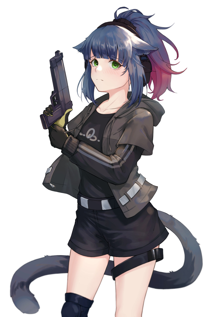 1girl animal_ears arknights bangs black_gloves black_shirt black_shorts blue_hair cat_ears cat_tail chinese_commentary commentary_request cowboy_shot gloves gradient_hair green_eyes grey_jacket gun handgun headphones highres holding holding_gun holding_weapon jacket jessica_(arknights) long_sleeves looking_at_viewer multicolored_hair nekonomi open_clothes open_jacket pistol purple_hair shirt short_hair shorts simple_background solo standing tail thigh_strap weapon white_background