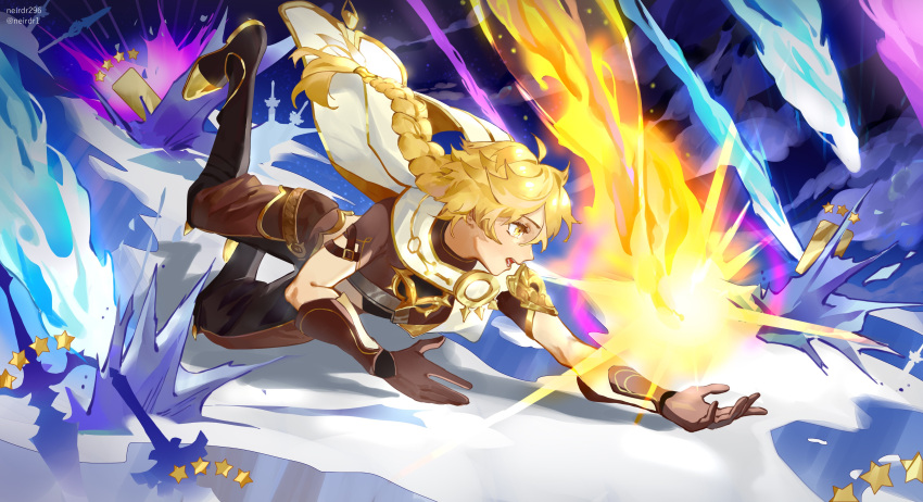1boy absurdres aether_(genshin_impact) bangs blonde_hair braid braided_ponytail brown_gloves catching crop_top english_commentary falling full_body genshin_impact gloves hair_between_eyes hair_tie highres long_hair meteor midriff neirdr1 open_mouth polearm scarf solo spear star_(symbol) sword symbol_commentary weapon yellow_eyes