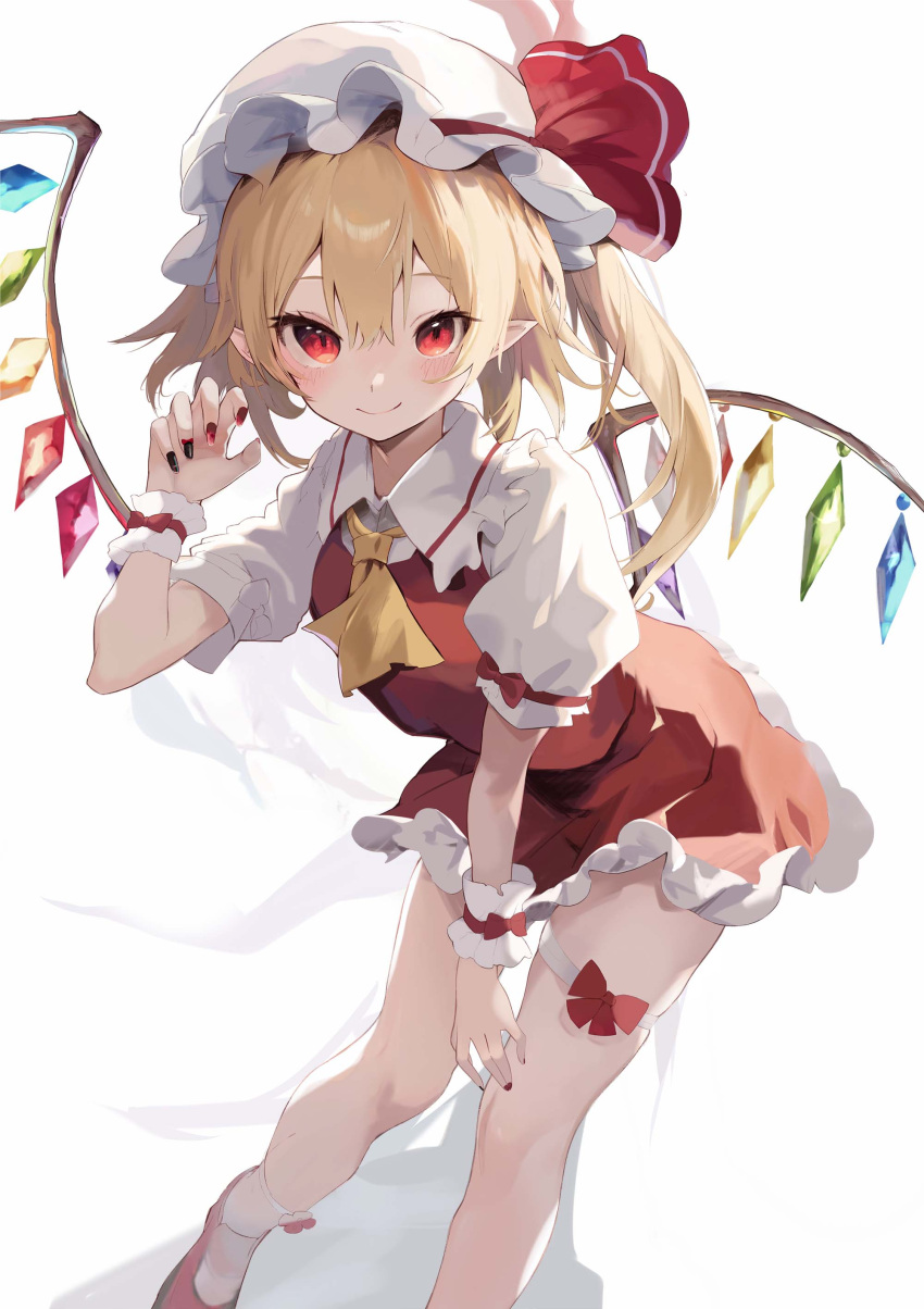 1girl \||/ absurdres ascot black_nails blonde_hair blush bow claw_pose closed_mouth commentary_request crystal double-parted_bangs eyelashes feet_out_of_frame fingernails flandre_scarlet frilled_cuffs frilled_shirt_collar frilled_skirt frills hair_between_eyes hand_up hat hat_bow highres leaning_forward long_fingernails long_hair looking_at_viewer mary_janes miniskirt mob_cap nail_polish pointy_ears puffy_short_sleeves puffy_sleeves rainbow_order red_bow red_eyes red_footwear red_nails red_skirt shirt shoes short_sleeves side_ponytail sidelighting simple_background skindentation skirt smile solo standing tetsurou_(fe+) thigh_strap touhou tsurime white_background white_headwear white_shirt wings wrist_cuffs yellow_ascot