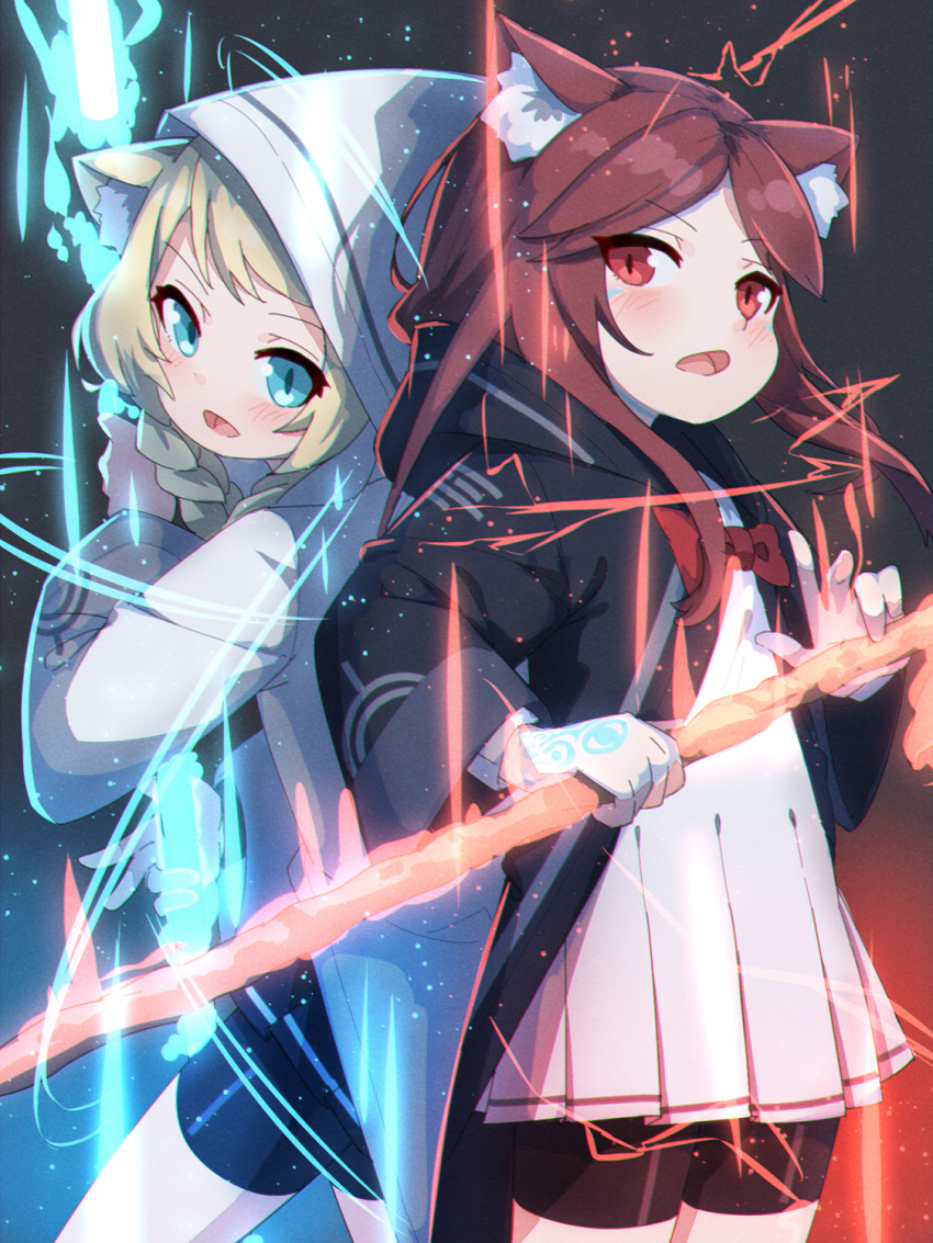 2girls animal_ear_fluff animal_ears back-to-back bangs bike_shorts black_jacket black_shorts black_skirt blonde_hair blue_eyes bow braid brown_hair commentary commission dress eyebrows_visible_through_hair grey_jacket highres holding holding_staff hood hood_down hood_up hooded_jacket jacket kuro_kosyou long_hair long_sleeves looking_at_viewer multiple_girls open_clothes open_jacket open_mouth original pleated_dress pleated_skirt red_bow red_eyes short_shorts shorts shorts_under_dress skeb_commission skirt staff twin_braids white_dress wide_sleeves