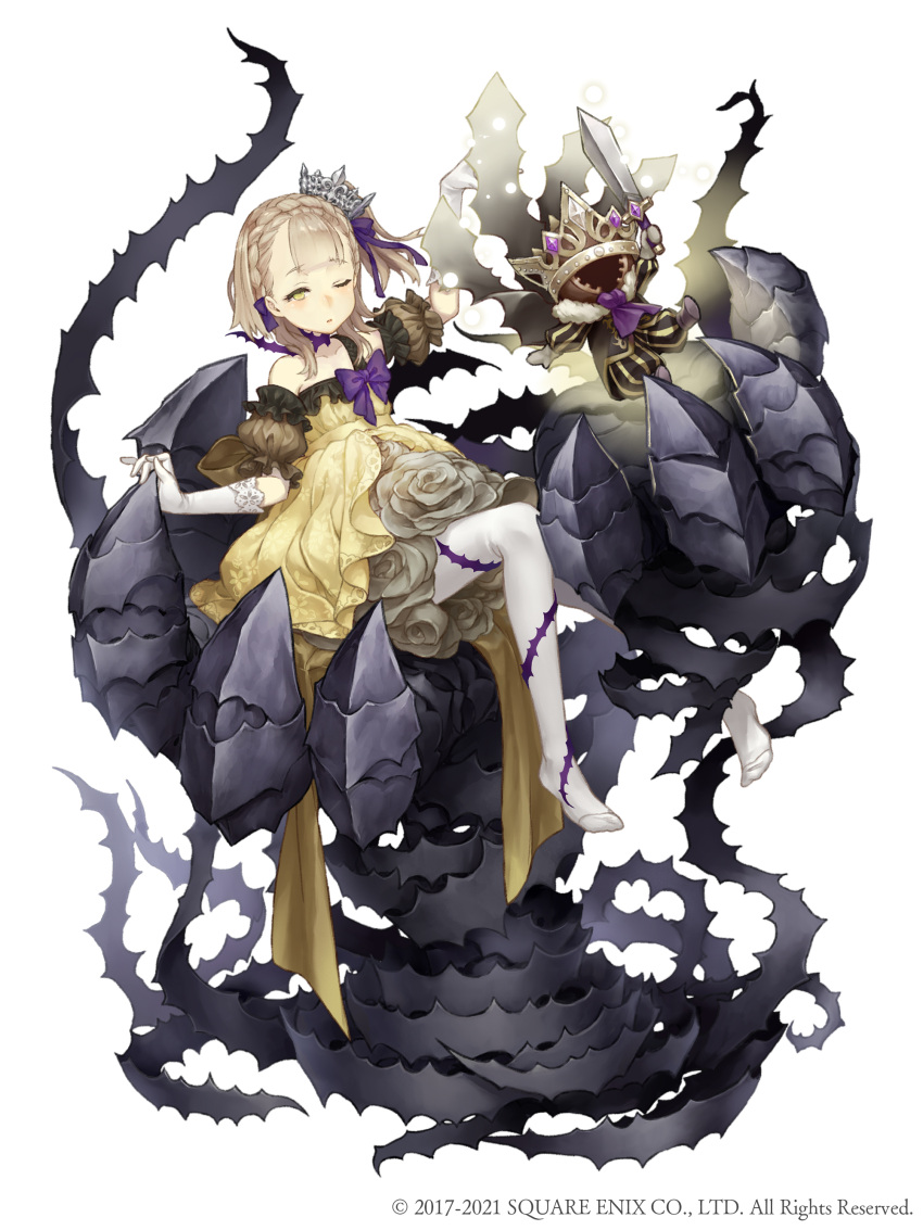 1girl absurdres blonde_hair briar_rose_(sinoalice) collarbone crown dress floral_print frills full_body gloves highres ji_no looking_at_viewer official_art one_eye_closed parted_lips ribbon side_ponytail sinoalice solo square_enix stuffed_toy sword thorns weapon white_background white_gloves yellow_dress yellow_eyes