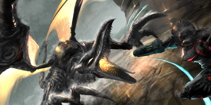 arm_cannon battle claws clouds cyborg dennou_manjuu dragon fighting glowing glowing_eyes highres meta_ridley metroid metroid_prime mountain phazon_suit rain ridley samus_aran teeth weapon wings