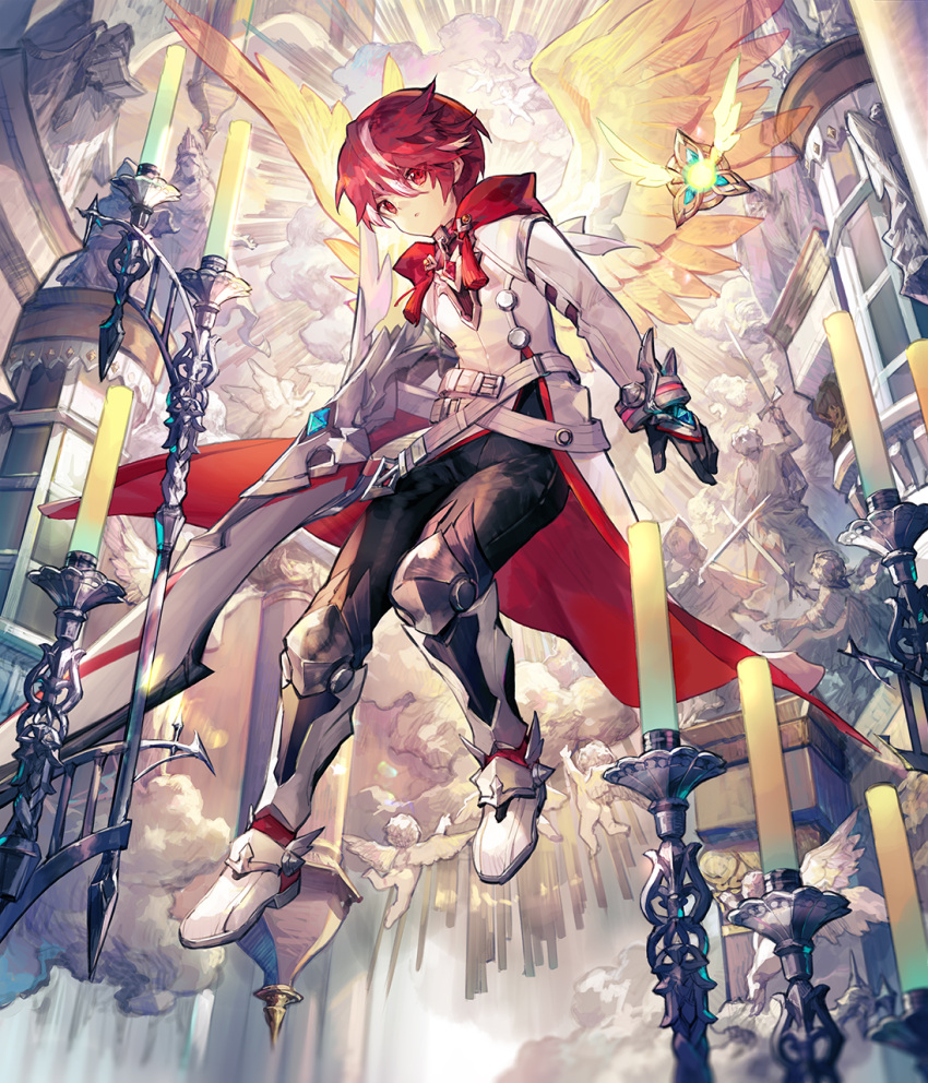 1boy angel_wings belt black_gloves black_legwear boots candle cape cherub elsword elsword_(character) floating full_body gloves highres holding holding_sword holding_weapon jacket male_focus multicolored_hair pants parted_lips red_eyes redhead scorpion5050 streaked_hair sword weapon white_footwear white_hair white_jacket wings