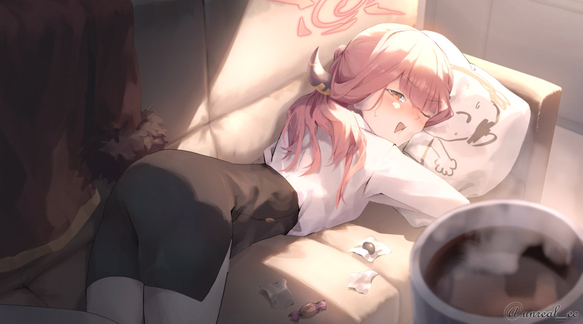 1girl aru_(blue_archive) black_skirt blue_archive blurry blurry_foreground blush candy_wrapper coat coffee_mug couch cup demon_horns doodle_sensei_(blue_archive) drooling fur-trimmed_coat fur_trim halo high-waist_skirt highres horns hugging_object long_hair lying mug on_couch on_side one_eye_closed open_mouth pantyhose pencil_skirt pillow pillow_hug pov red_eyes red_halo redhead sensei_(blue_archive) shadow shirt shirt_tucked_in skirt steam sunlight sweatdrop twitter_username unreal_es unworn_coat white_shirt