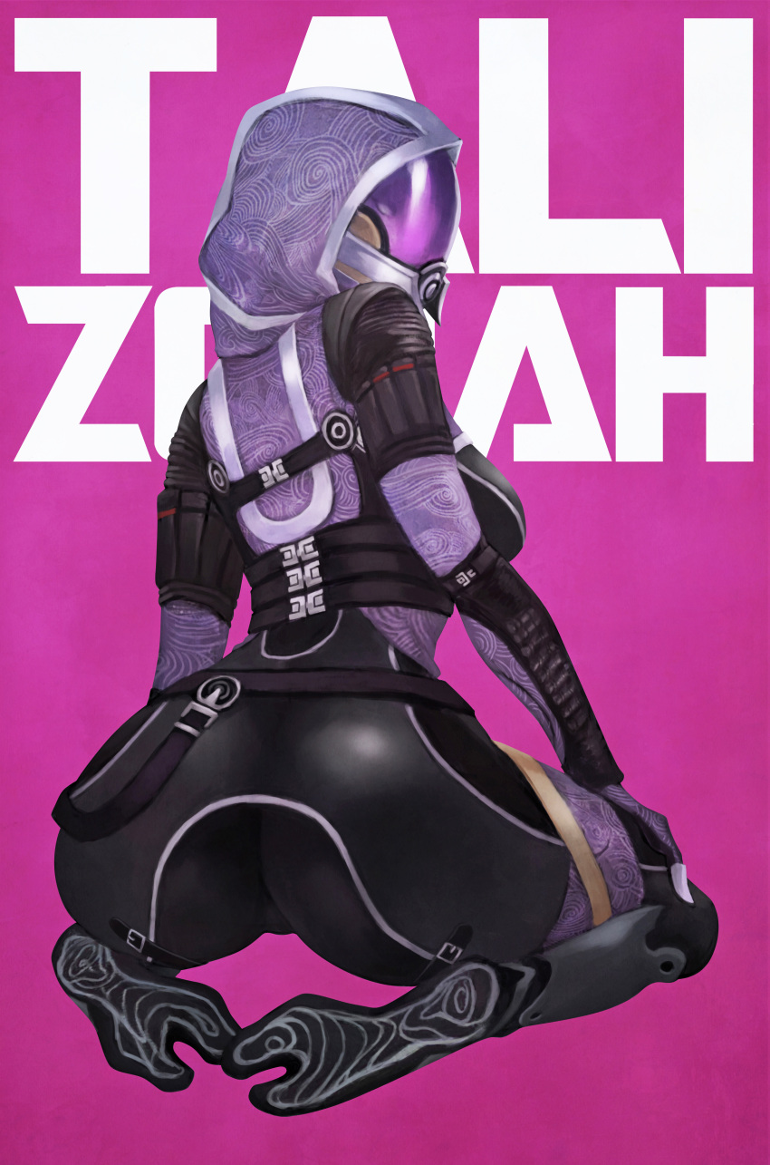 1girl absurdres alien ass back bodysuit character_name fewer_digits from_behind helmet highres hood kneeling looking_at_viewer looking_back mass_effect monori_rogue pink_background quarian solo tali'zorah thigh_gap