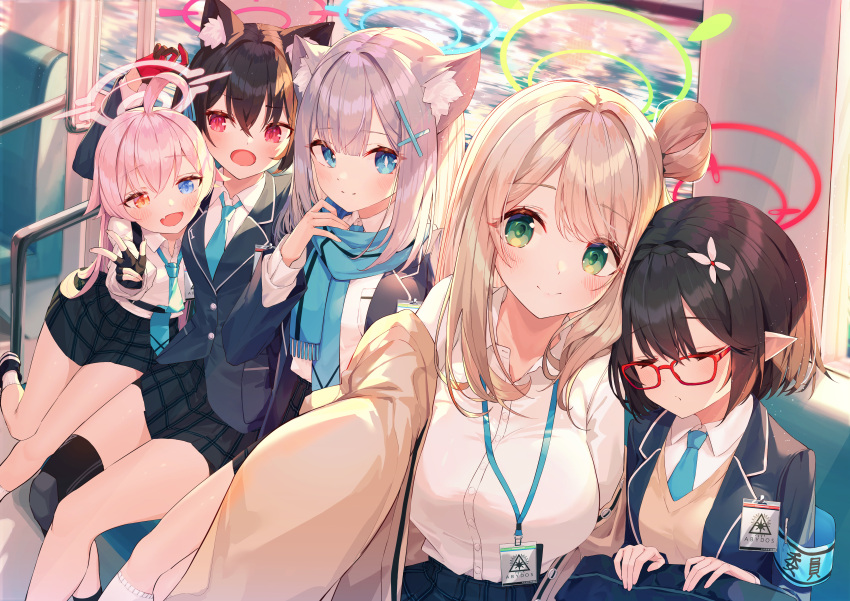 5girls :d absurdres animal_ear_fluff animal_ears armband ayane_(blue_archive) bag bangs black_gloves black_hair black_skirt blazer blonde_hair blue_archive blue_eyes blue_neckwear blunt_bangs breasts cat_ears closed_eyes collared_shirt crossed_bangs eyebrows_visible_through_hair fang fingerless_gloves glasses gloves green_eyes ground_vehicle hair_between_eyes hair_ornament halo heterochromia highres hoshino_(blue_archive) id_card jacket lanyard large_breasts long_sleeves medium_breasts multiple_girls munseonghwa necktie nonomi_(blue_archive) open_mouth outstretched_arm pink_hair plaid plaid_skirt pleated_skirt red-framed_eyewear red_eyes red_gloves scarf school_bag school_uniform selfie serika_(blue_archive) shiroko_(blue_archive) shirt silver_hair sitting skin_fang skirt sleeping smile swept_bangs train w white_shirt x_hair_ornament