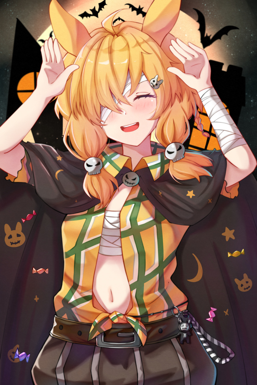 1girl absurdres ahoge animal_ears arknights bandage_over_one_eye bat belly belt black_cloak black_pants blush brown_belt candy cloak closed_eyes food hair_ornament hair_over_one_eye halloween_costume hands_up happy highres keychain kroos_(arknights) kroos_(the_mag)_(arknights) medium_hair midriff_peek morihar navel official_alternate_costume open_clothes open_mouth open_shirt orange_hair orange_shirt pants rabbit_ears sarashi shirt skull_hair_ornament solo