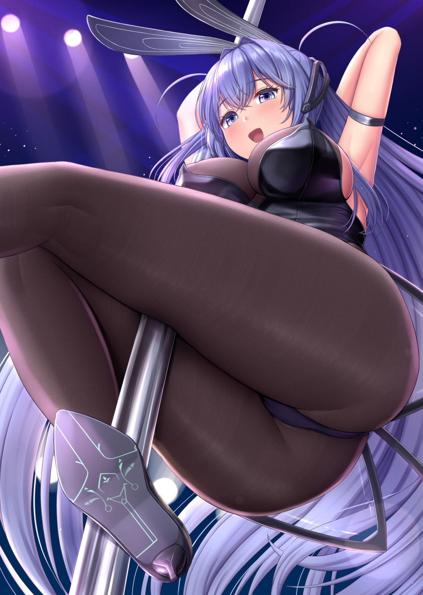 1girl absurdres animal_ears armpits arms_up ass azur_lane bangs bare_shoulders black_leotard blue_eyes blue_hair blush breasts brown_legwear fake_animal_ears high_heels highres large_breasts leotard long_hair looking_at_viewer melopun new_jersey_(azur_lane) new_jersey_(exhilarating_steps!)_(azur_lane) open_mouth pantyhose playboy_bunny pole_dancing rabbit_ears smile solo stripper_pole thighs