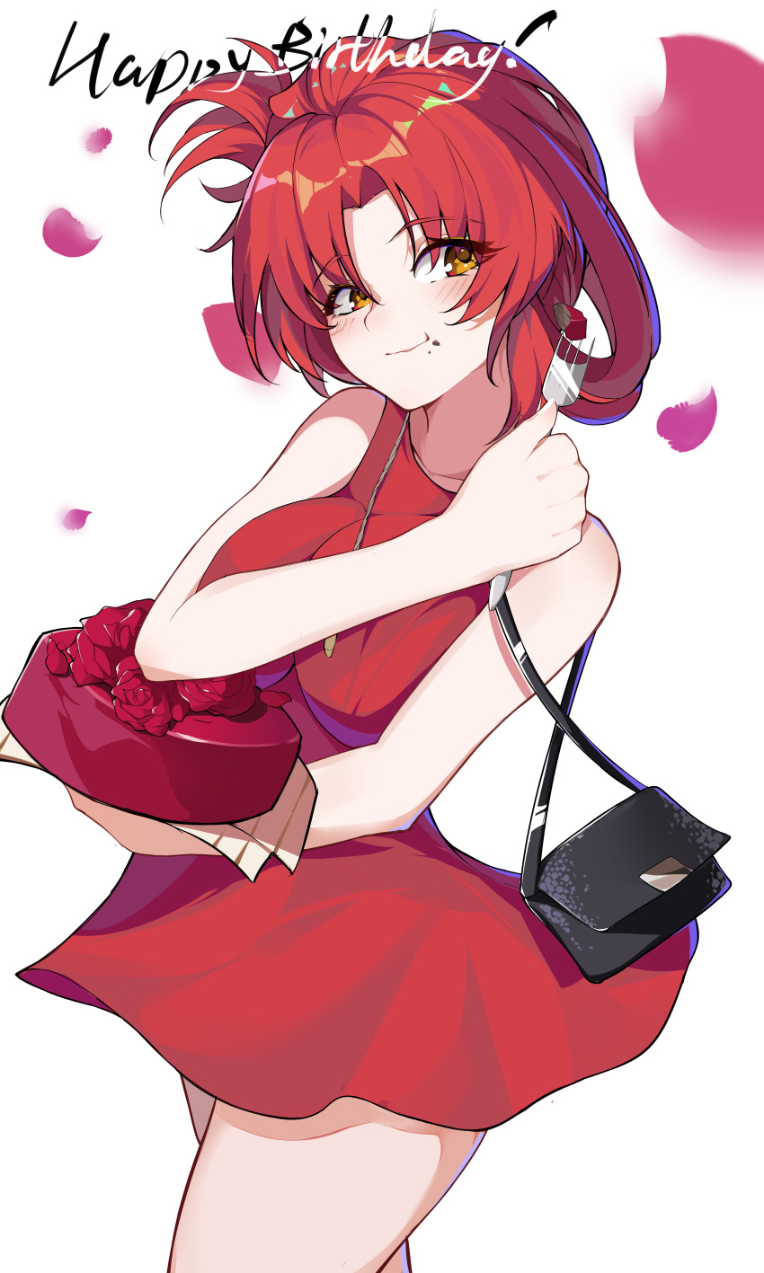 1girl absurdres bag bangs bare_shoulders cake closed_mouth dress eating food food_in_mouth food_on_face fork guaili_shu handbag highres holding holding_food honkai_(series) honkai_impact_3rd looking_at_viewer murata_himeko petals red_dress redhead simple_background smile solo white_background yellow_eyes