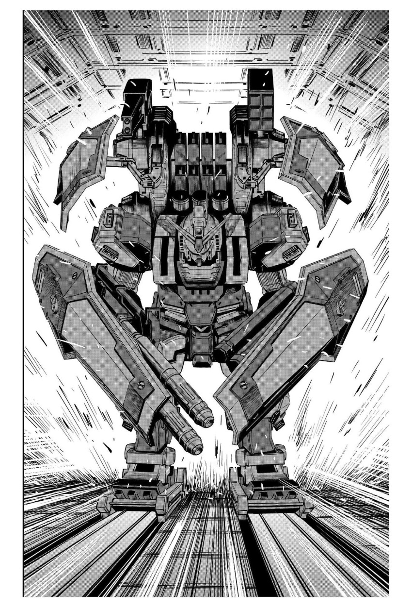 chain_gun full_armor_gundam greyscale gundam gundam_thunderbolt highres leaning_forward mecha missile_pod mobile_suit monochrome no_humans official_art ohtagaki_yasuo science_fiction shield solo v-fin