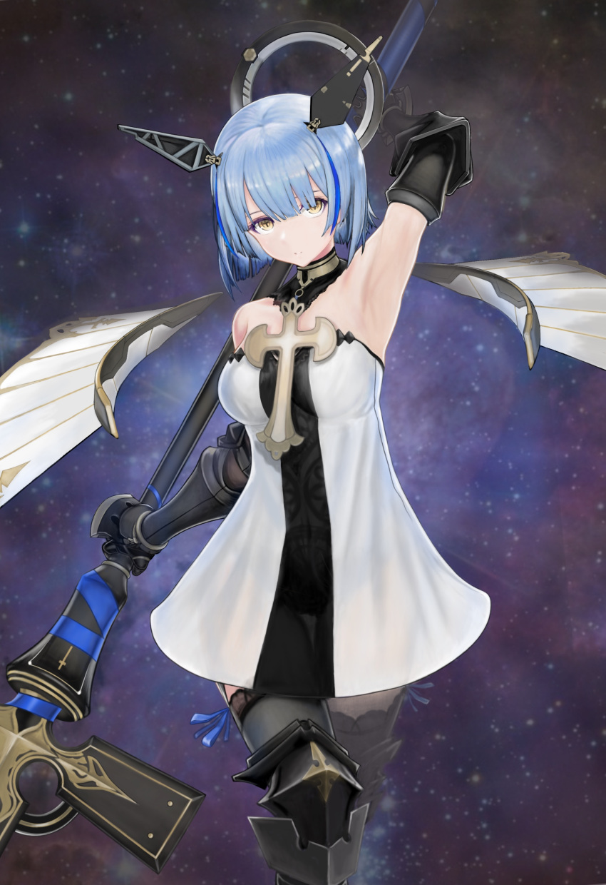 1girl absurdres armpits azur_lane bare_shoulders black_collar black_dress black_legwear blue_hair boots breasts collar cross cross_(weapon) cross_necklace detached_collar detached_wings dress elbow_gloves gascogne_(azur_lane) gloves headgear highres holding holding_staff jewelry knee_boots mechanical_halo medium_breasts multicolored_hair necklace see-through_dress short_dress solo staff starry_background streaked_hair thigh-highs tomozou-1971 two-tone_dress weapon_behind_back white_dress wings yellow_eyes